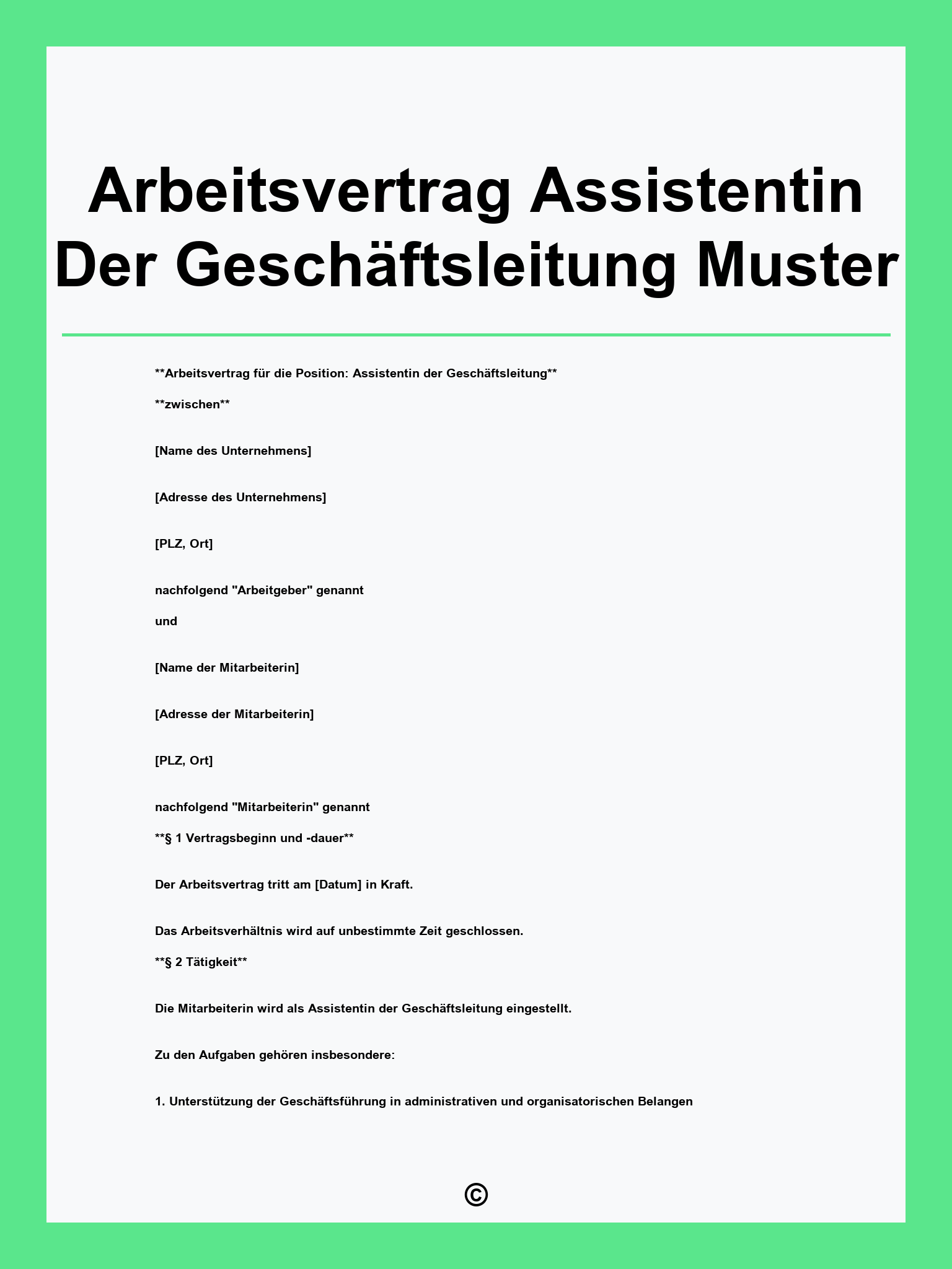 Arbeitsvertrag Assistentin Der Geschäftsleitung Muster