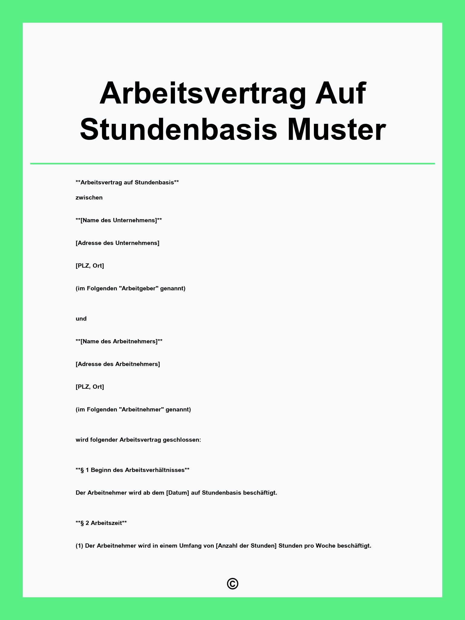 Arbeitsvertrag Auf Stundenbasis Muster