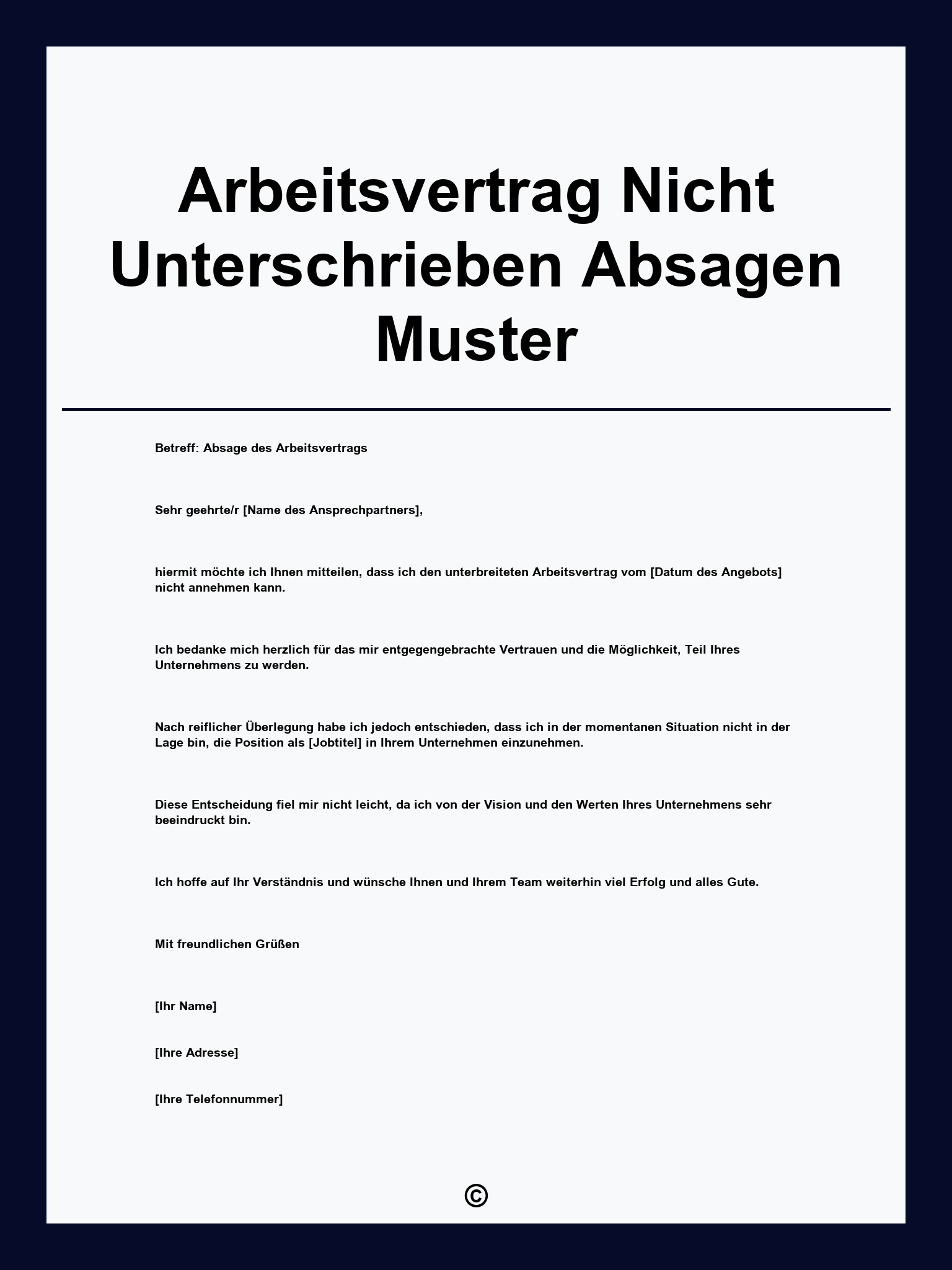 Arbeitsvertrag Nicht Unterschrieben Absagen Muster