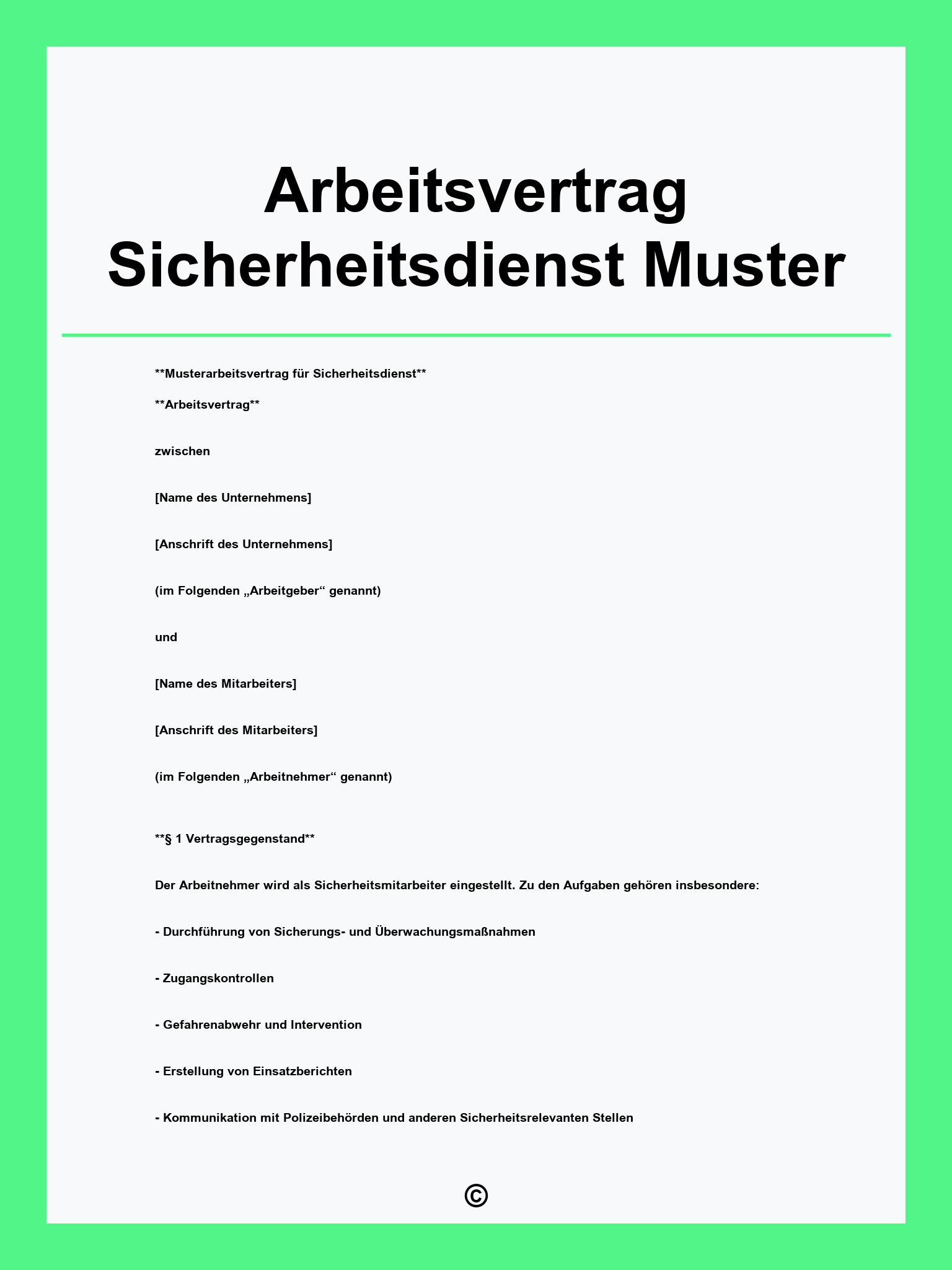 Arbeitsvertrag Sicherheitsdienst Muster