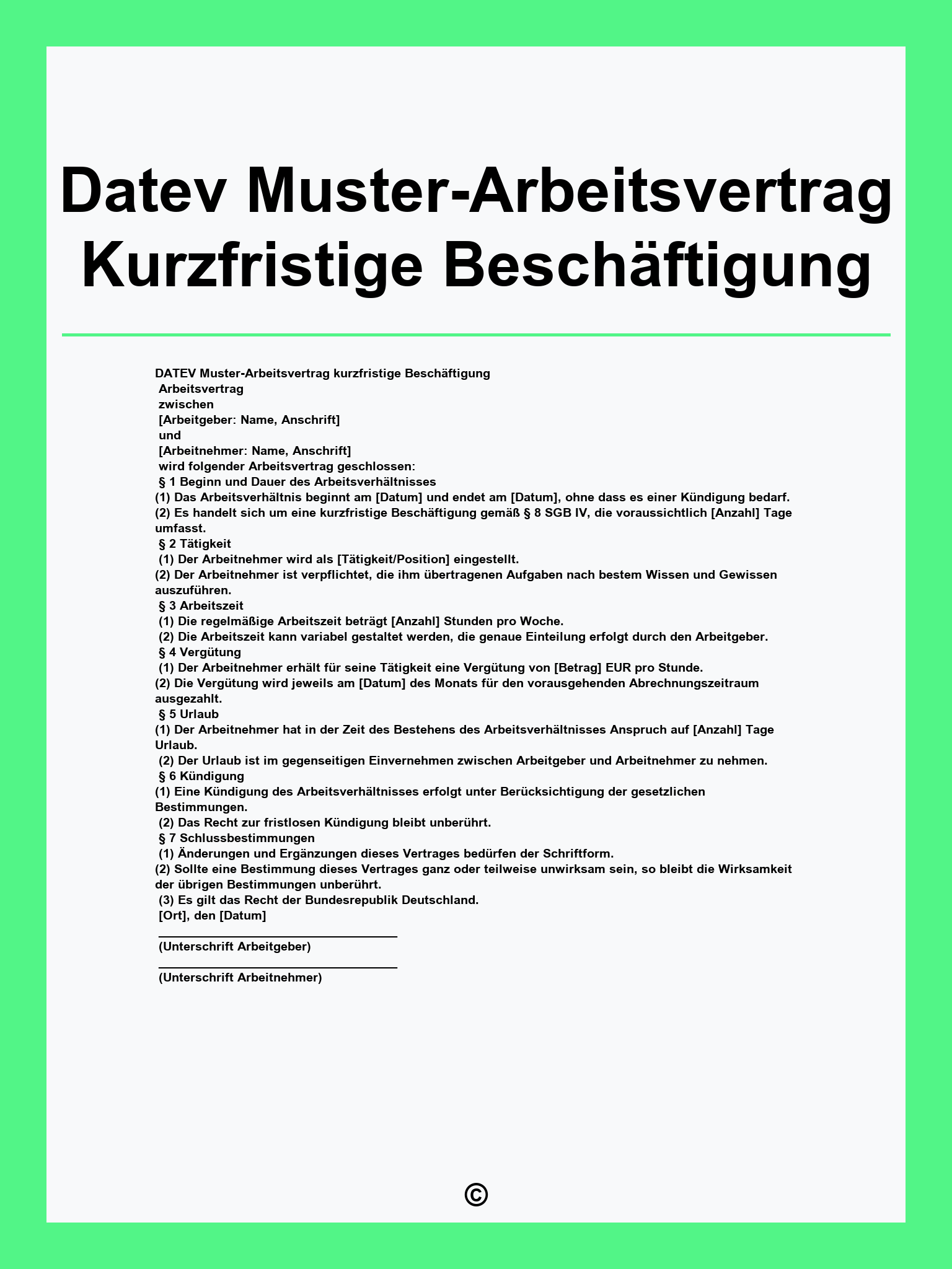 Datev Muster-Arbeitsvertrag Kurzfristige Beschäftigung